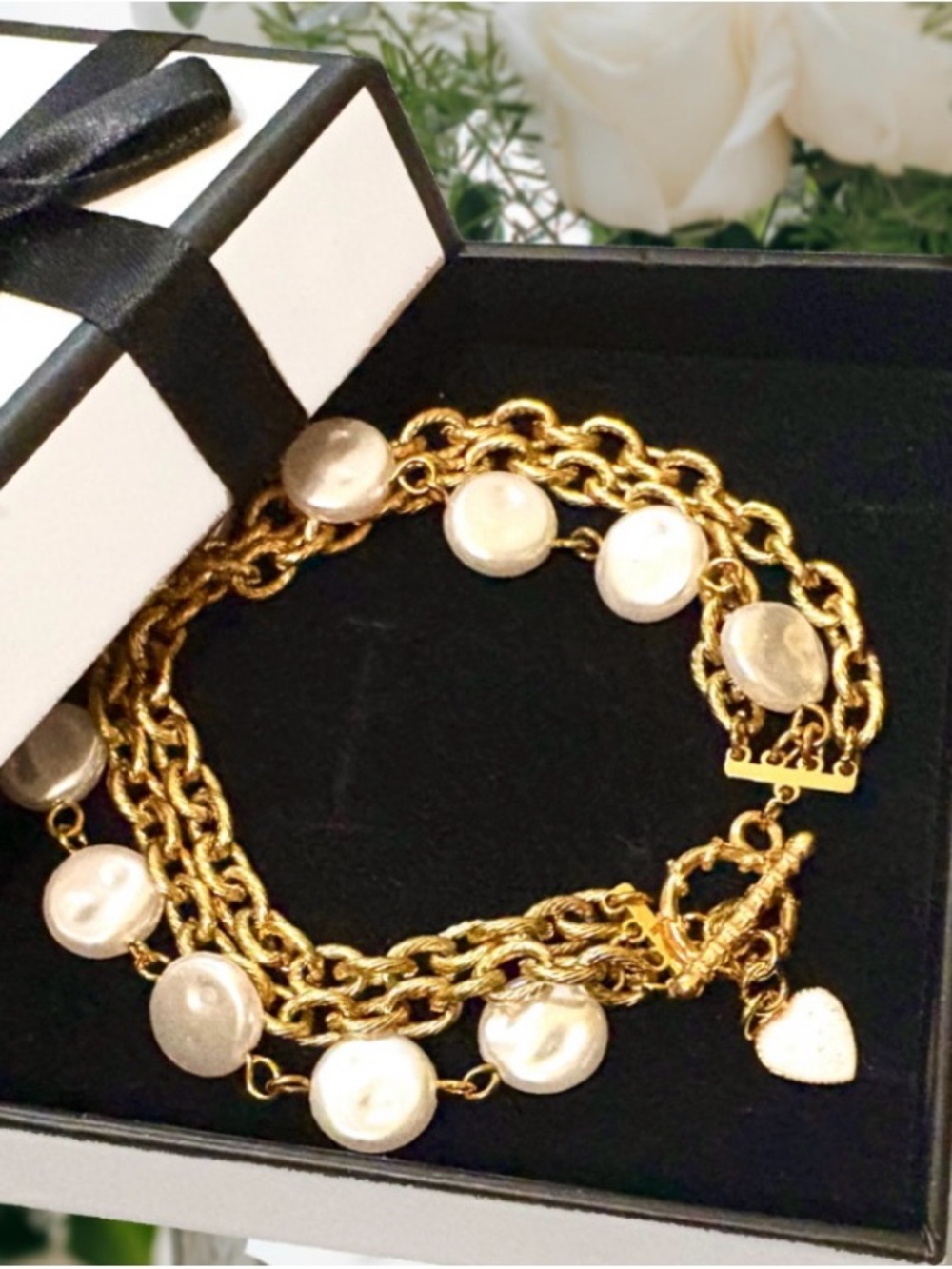 🌹HP🌹✨NEW✨ Chic Pearl Layered Chain Bracelet w Heart Charm - Picture 2 of 8